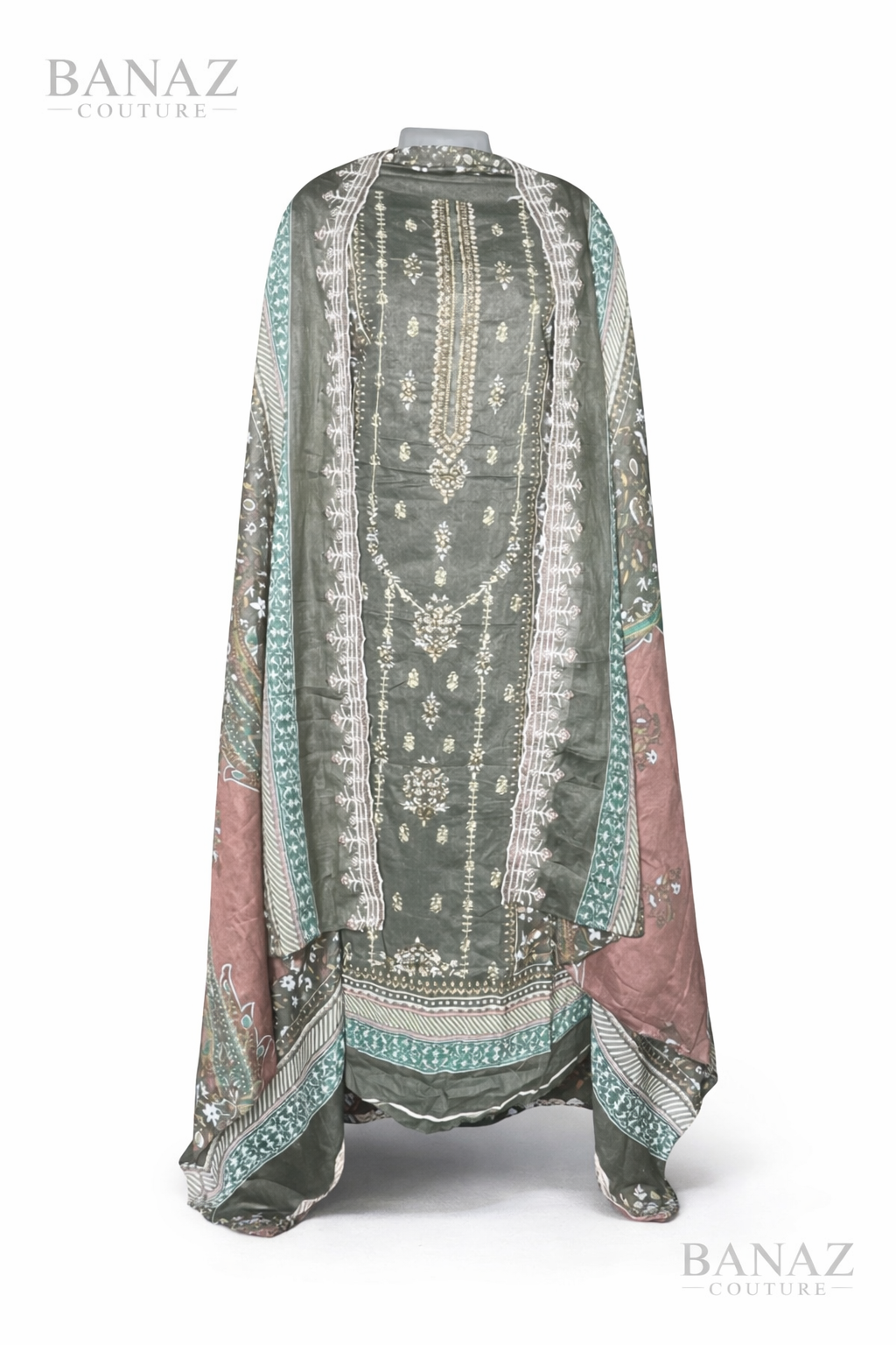 Bin Saeed Lawn Cotton Designer Print With Embroidery Dark Olive Green